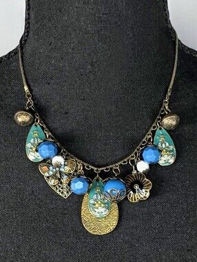 ✨ Boho Blue Enamel Charm Statement Necklace Vintage Style ✨